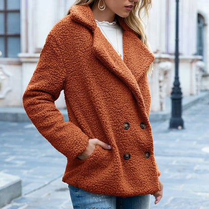 Cozy and stylish button jacket for women, featuring a soft, fluffy polyester fiber interior and a variety of color options.