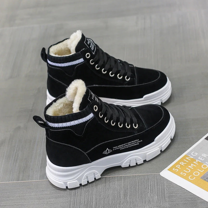 Ladies lace-up fashion sneakers with warm plush lining for winter wear