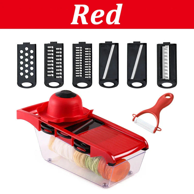 Versatile vegetable slicer with interchangeable blades for slicing, dicing, and shredding a variety of fruits and vegetables