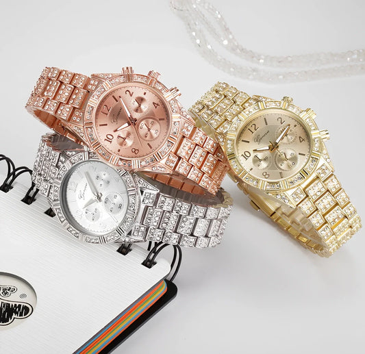 Women's gold crystal quartz analog watch with 38mm stainless steel dial and 22cm band