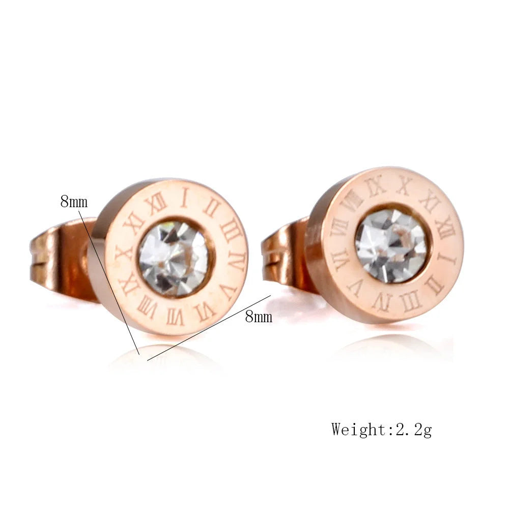 Roman Numerals and Diamond Stud Earrings in titanium steel with gold-plated finishes