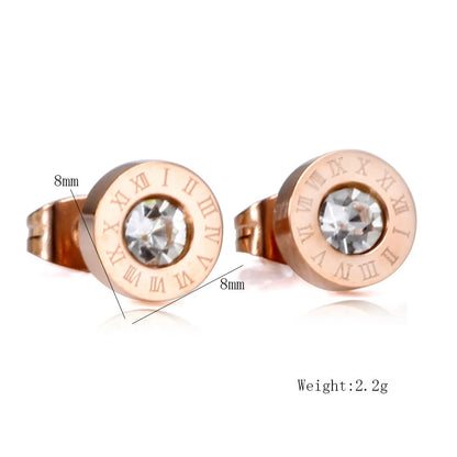 Roman Numerals and Diamond Stud Earrings in titanium steel with gold-plated finishes
