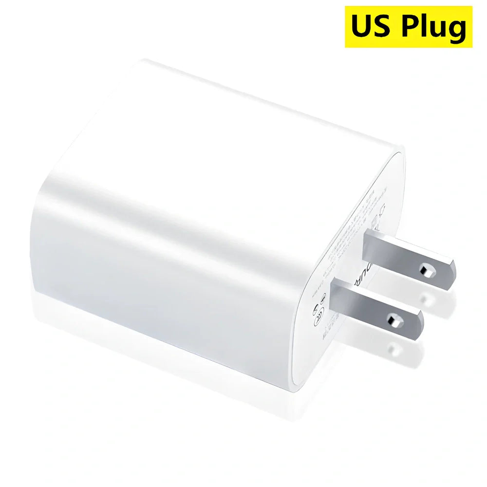 Compact 20W PD charger in UK plug variant, 63x40x22mm size, for fast smartphone charging with safety features