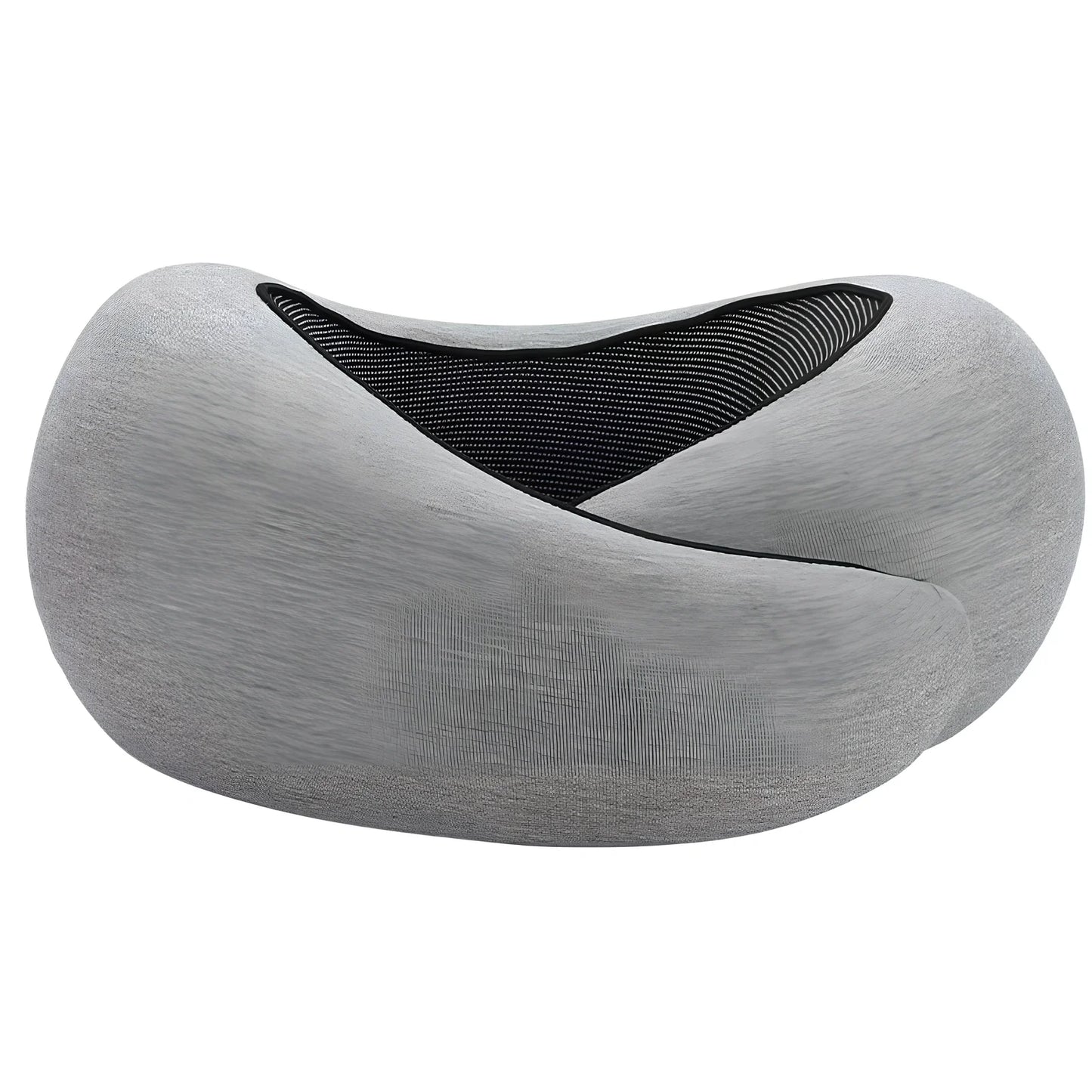 Dark gray adjustable U-shaped memory foam neck pillow with Velcro closure and storage bag, 30cm high for travel support