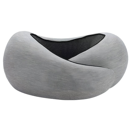 Dark gray adjustable U-shaped memory foam neck pillow with Velcro closure and storage bag, 30cm high for travel support