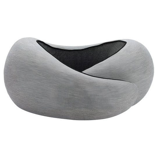 Dark gray adjustable U-shaped memory foam neck pillow with Velcro closure and storage bag, 30cm high for travel support