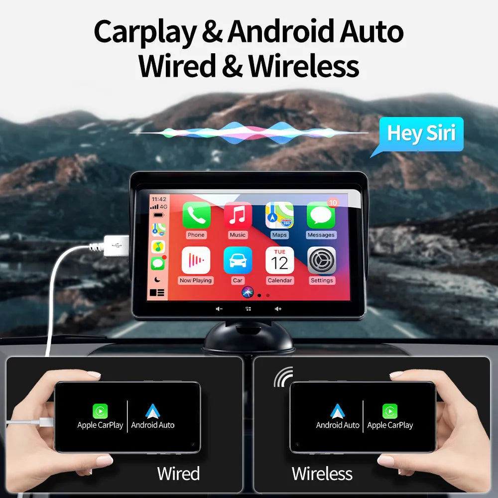 7 inch wireless CarPlay display for car dashboard with suction cup mount and cigarette lighter power cable