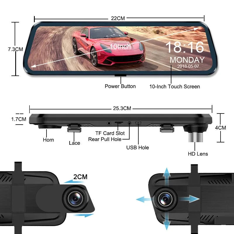 10-inch full touch screen car dash camera with front and rear lenses for dual recording