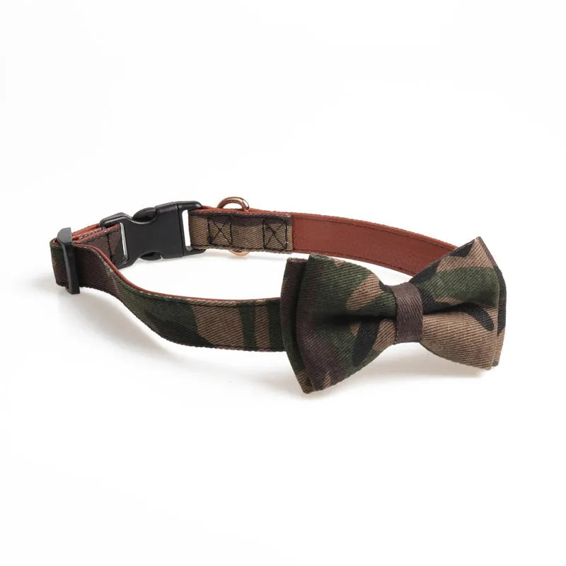 Adjustable bowknot traction collar for dogs made from cotton and PU leather in lattice pattern