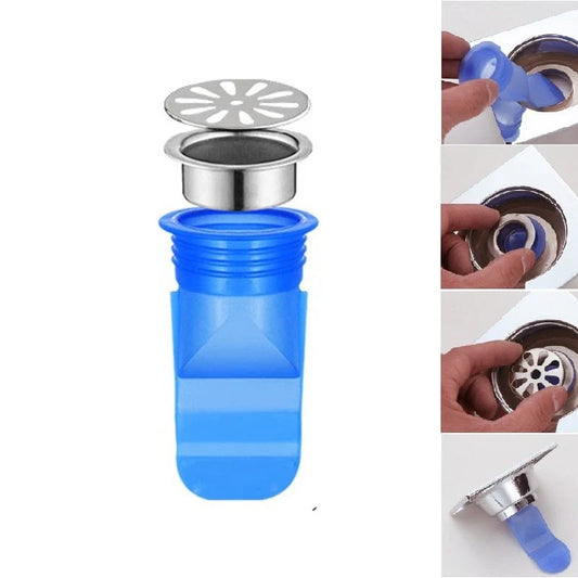 Blue silicone floor drain deodorant anti-overflow device measuring 180x120x40 mm