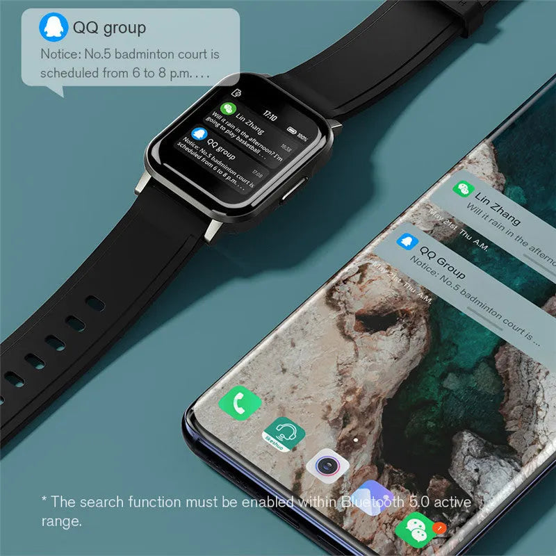 Black waterproof smart bracelet with 1.4-inch screen and silicone strap on a wrist