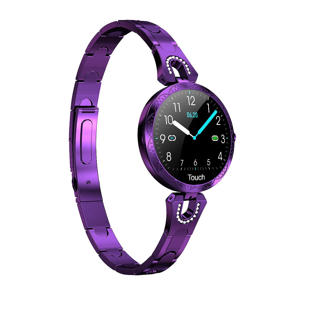 Women's waterproof smartwatch with heart rate monitor and stainless steel strap