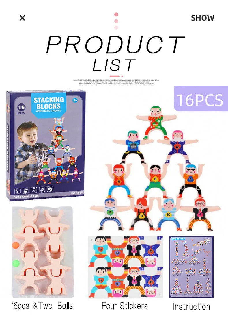 16 colourful Hercules plastic building blocks stacked in a balance tower with interlocking hands