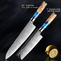 Seven-piece kitchen knife set with Japanese steel blades and coloured wood handles on a kitchen counter.