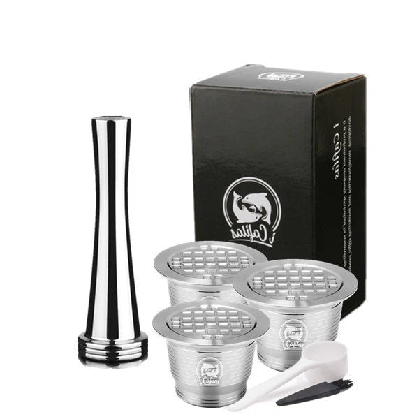 Stainless steel reusable Nespresso coffee capsule with tamper and spoon