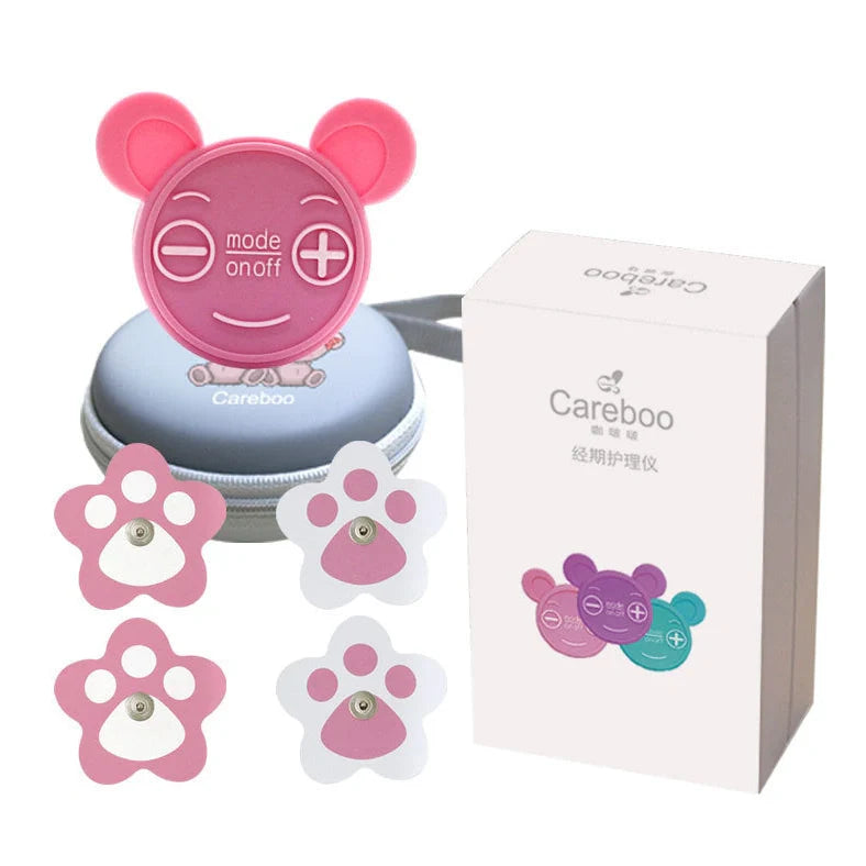 Compact menstrual pain relief device measuring 50x48x20mm with TENS technology