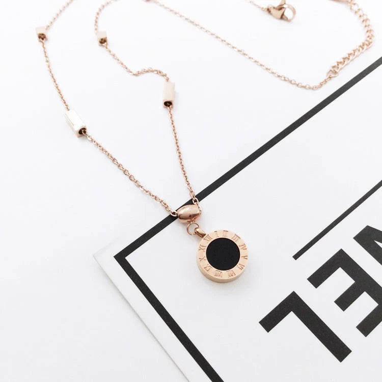 Korean fashion titanium steel Roman numerals necklace with 18K rose gold plating