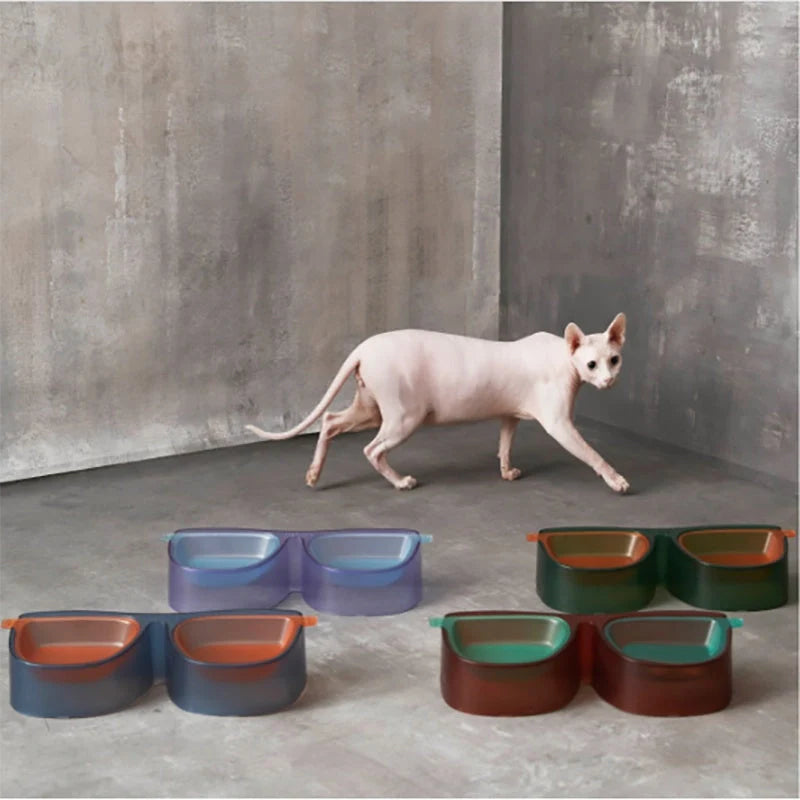 Anti-overturning double bowl for cats with 15° slant design in green, blue, purple, and red