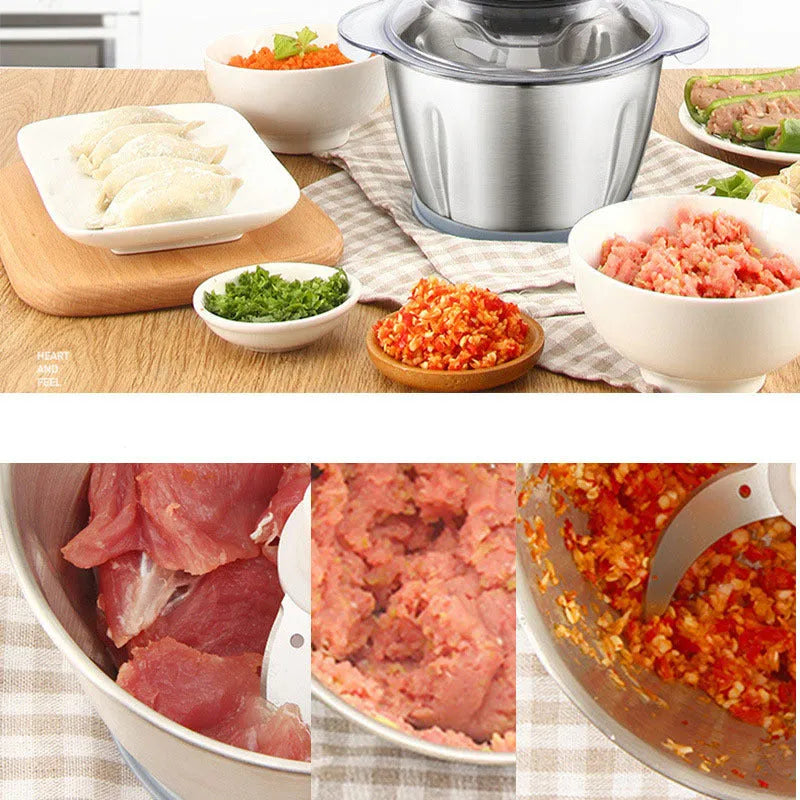 LONG PLUS white electric meat grinder and garlic peeler appliance on a kitchen counter