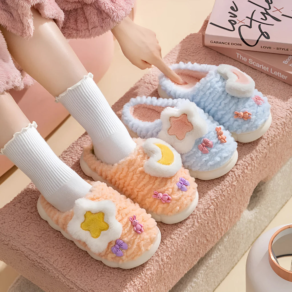 Women's light blue cartoon animal fleece-lined slippers with floral pattern and PVC sole