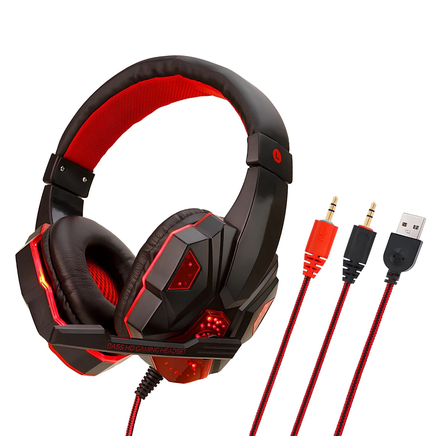 Black gaming headphones with adjustable microphone and braided cable showing 3.5mm plug