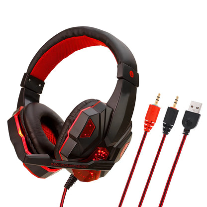 Black gaming headphones with adjustable microphone and braided cable showing 3.5mm plug