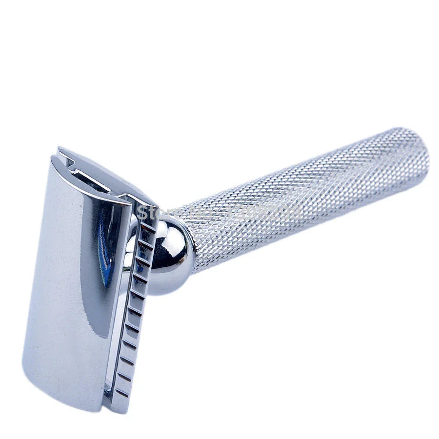 Premium shaving set with badger hair brush, double edge safety razor, chrome stand, and soap bowl for a luxurious wet shave experience