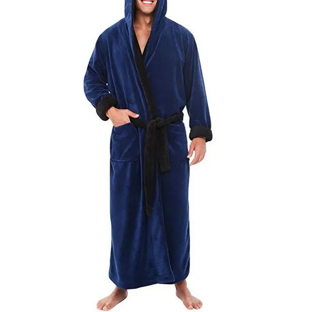 Men's thick cotton flannel hooded bathrobe in winter casual style, available in multiple colours