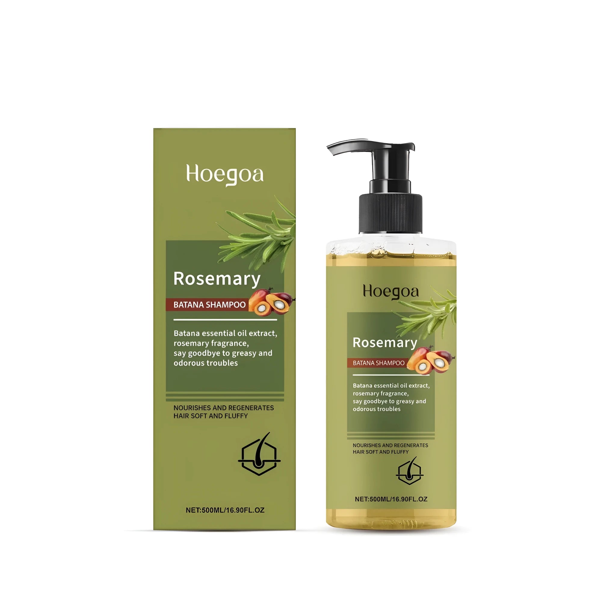 500ml bottle of Rosemary Hair Growth Shampoo, a thick gel formula with rosemary extract and Platthana oil.