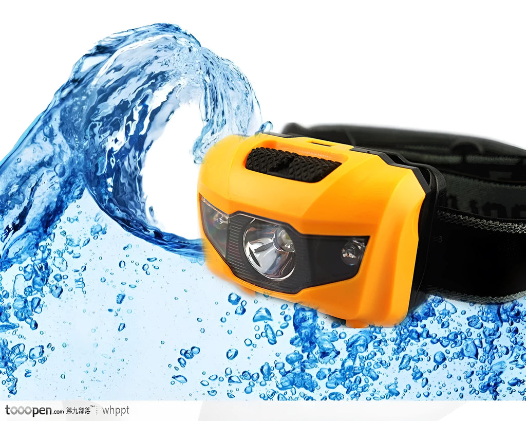 Black waterproof head torch with white and red LEDs, worn on head strap for outdoor activities.