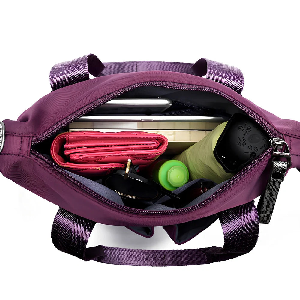 Ladies shoulder bag in black Oxford fabric, size M with multiple pockets and adjustable straps for handbag or crossbody carry, 340 mm width