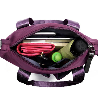 Ladies shoulder bag in black Oxford fabric, size M with multiple pockets and adjustable straps for handbag or crossbody carry, 340 mm width