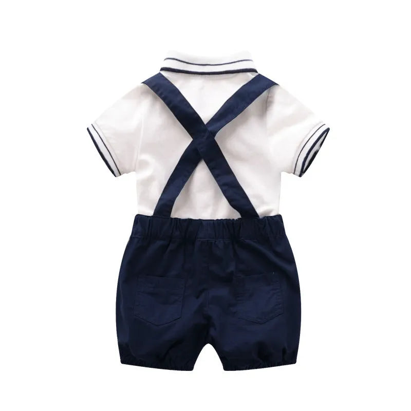 Baby gentleman's short sleeve neutral bodysuit on infant against light background