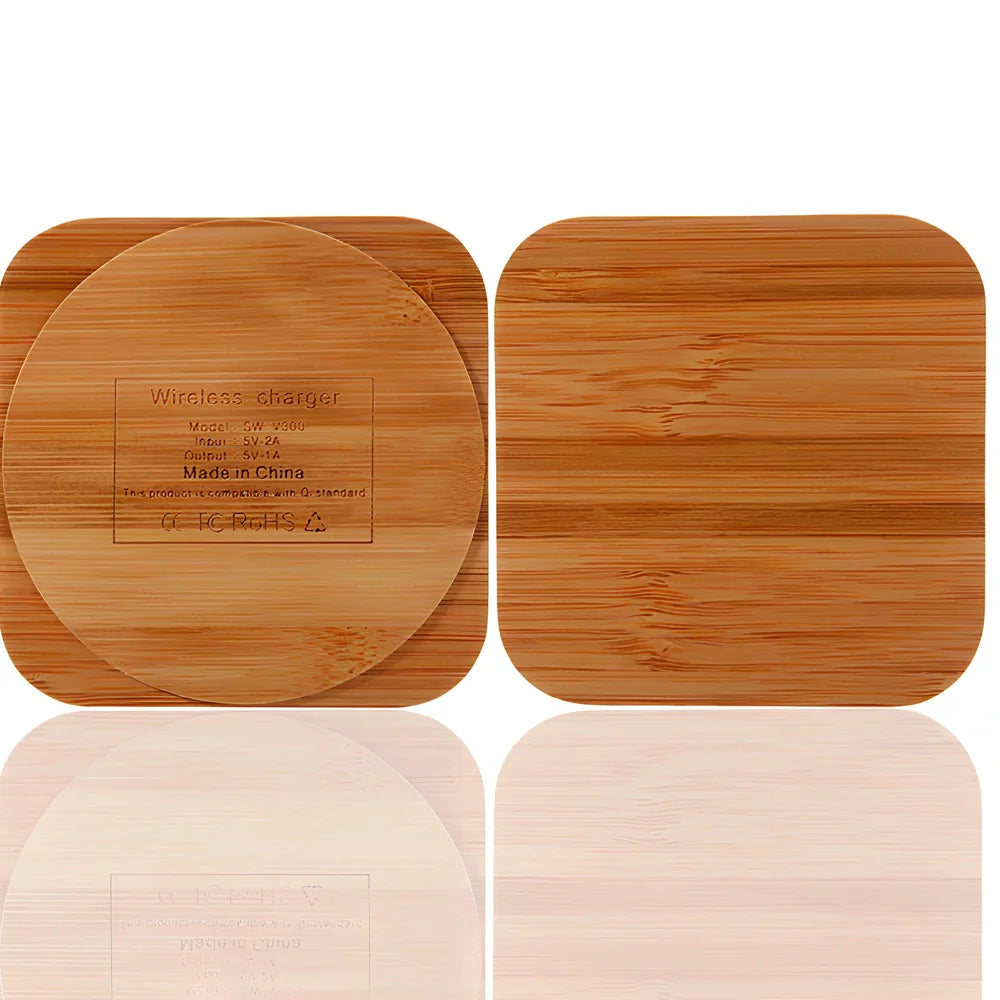 Square wooden bamboo 5W wireless charger in brown, 92x92x8mm with green charging indicator