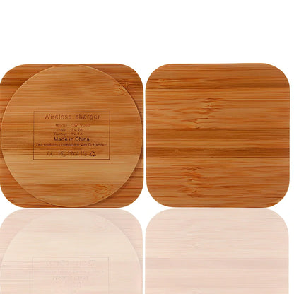 Square wooden bamboo 5W wireless charger in brown, 92x92x8mm with green charging indicator