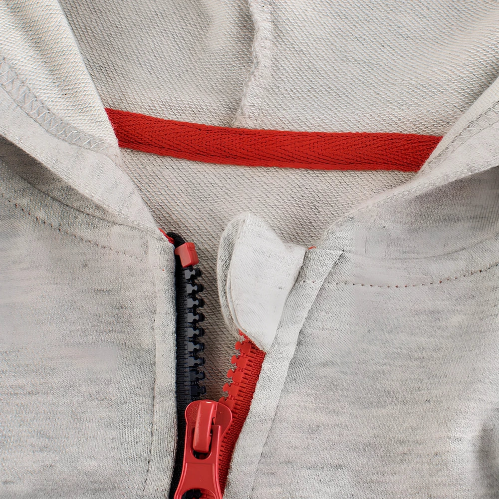 Boy's grey hooded cotton zipper sweatshirt, long sleeve, sizes 90-140cm for ages 1-9, soft fabric with rounded neck