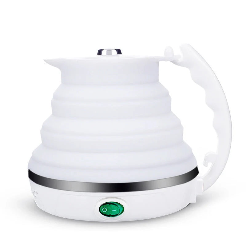 Foldable electric kettle in white, blue, and pink with UK, US, and EU plugs