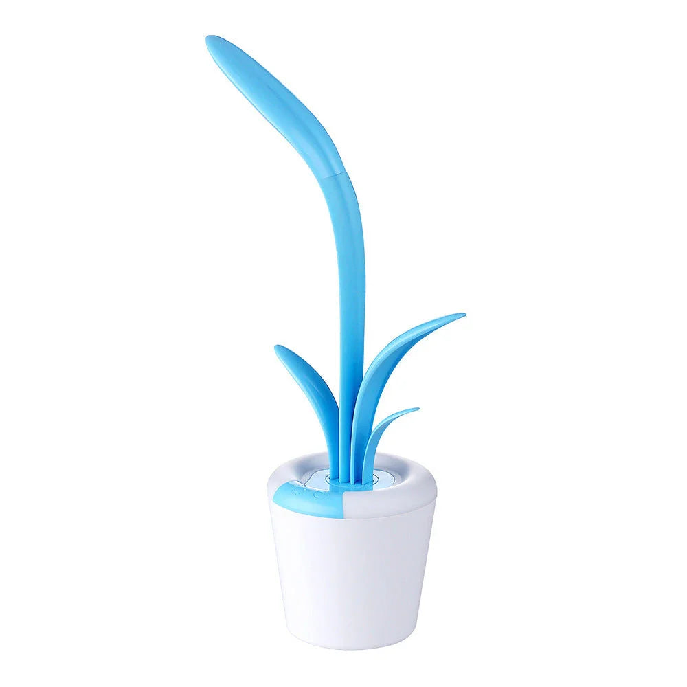 Rechargeable USB LED desk lamp with adjustable brightness levels, night light mode, and a stylish plant-inspired design