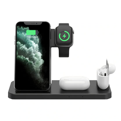 Black three-device wireless charger with phone and watch charging on non-slip base
