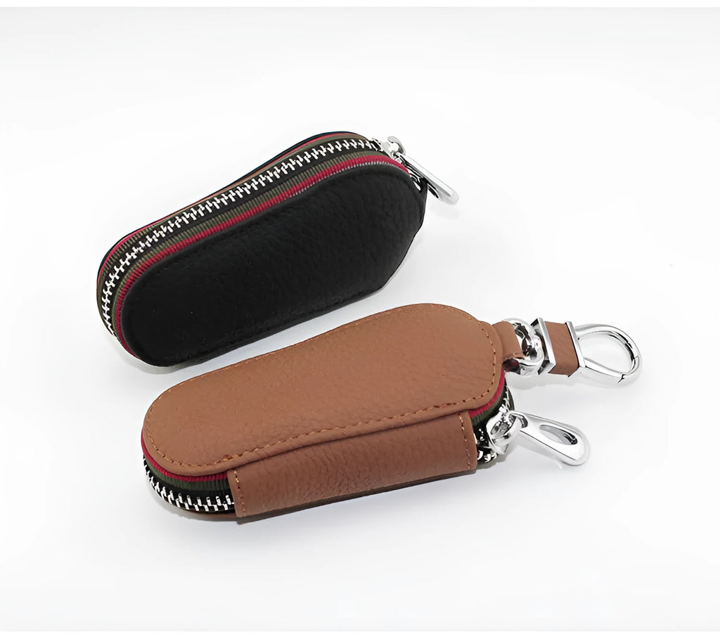 Black leather zipper key bag for car and home keys, compact 15.5cm size