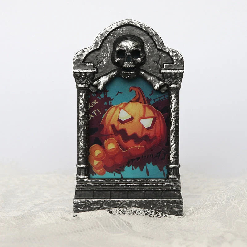Halloween Tombstone Lamp with flickering LED skull candle for spooky decor