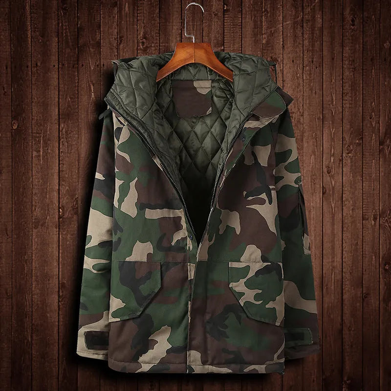 Men's winter camouflage cotton jacket with zip closure and hood, camouflage pattern, sizes S-XXXL
