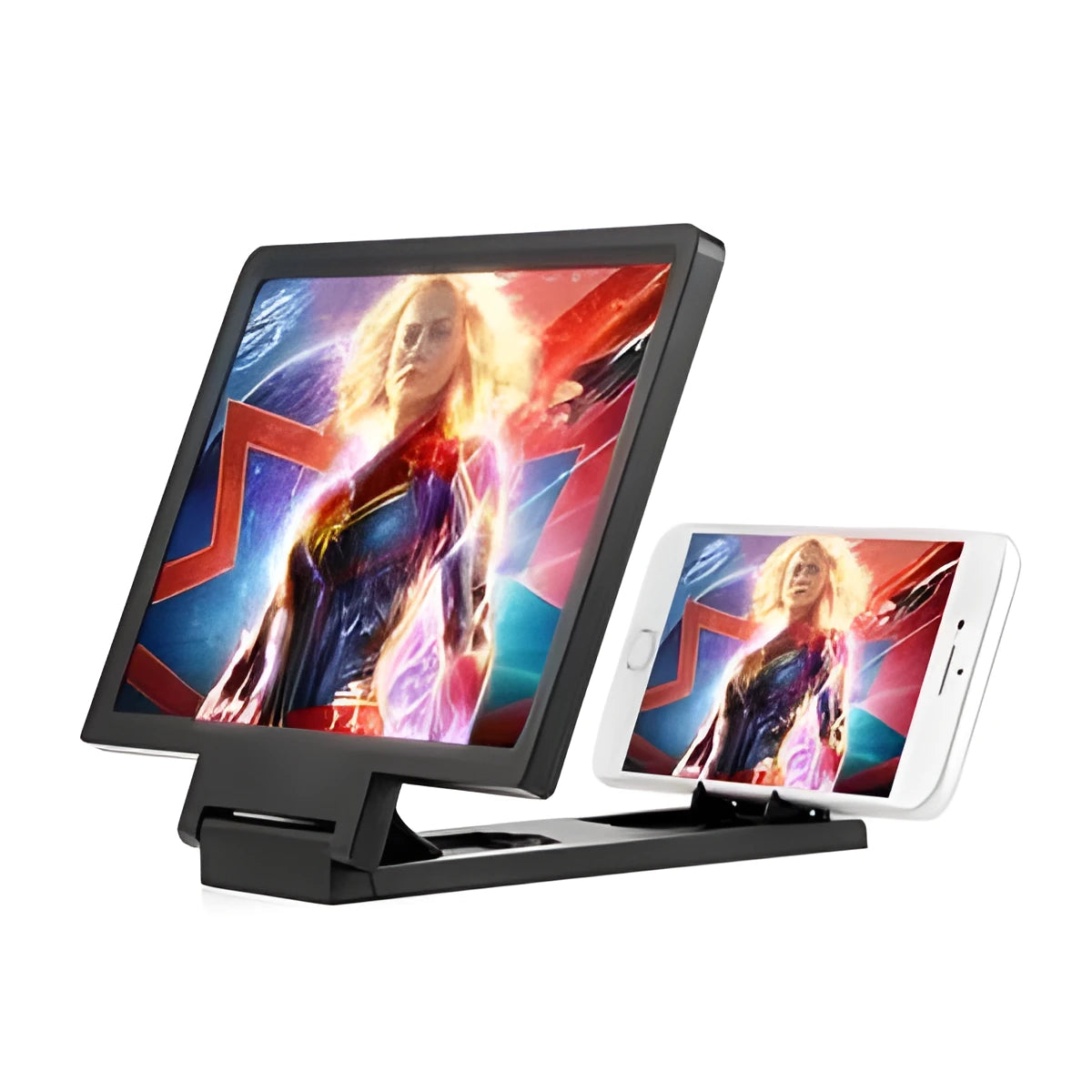 Black and white foldable screen amplifier lens for mobile phones, shown next to a smartphone for scale.
