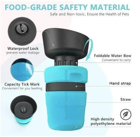 Foldable dog water bottle with integrated bowl in blue, rose red, and tiffany blue