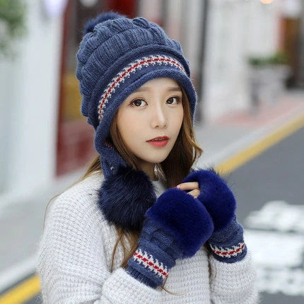 Knit fleece beanie with ear flaps and pompom in various colours for winter warmth