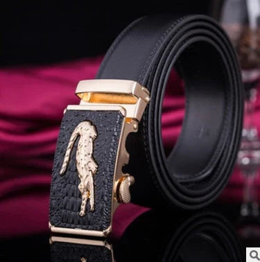 Men's automatic buckle leather belt with gold buckle head, 3.55cm width