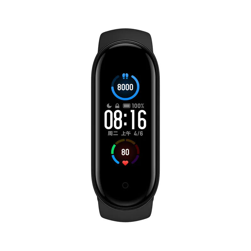 Xiaomi Mi Band 5 fitness tracker with 1.1 inch AMOLED screen and black TPU wristband