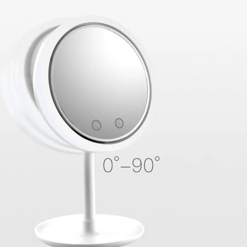 White foldable fan LED light makeup mirror on a desk with adjustable lights