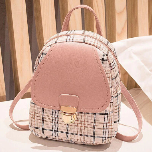 Ladies plaid small backpack in various colors, showing front and side views