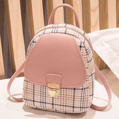 Ladies plaid small backpack in various colors, showing front and side views